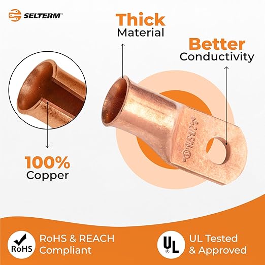 SELTERM 15pcs 2/0 AWG 5/16" Stud - UL Heavy Duty Battery Terminal Connectors, Bare Copper Battery Cable Lugs, 00 Gauge Wire Connectors, Electrical Battery Cable Ends, Ring Terminals Copper Lugs