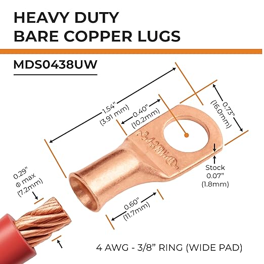 SELTERM 2pcs 4 AWG 3/8" Stud (Wide Pad) Copper Wire Lugs,Battery Lugs, Ring Terminals,Battery Cable Ends, 4 Guage Ring Terminal Connectors,UL Heavy Duty Bare Copper Eyelets Battery Terminal Connectors