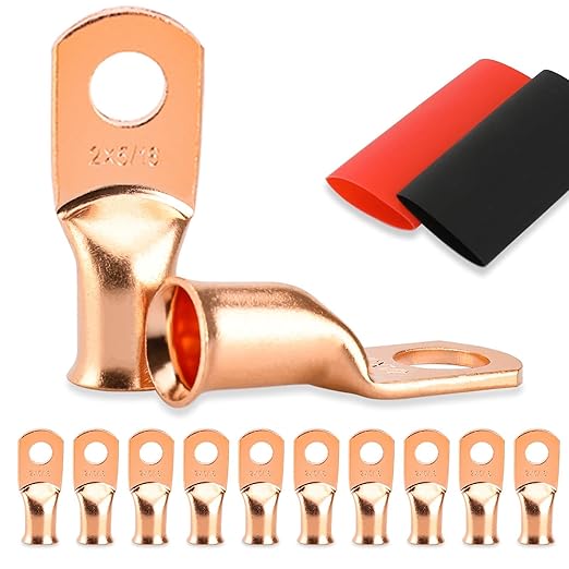 10PCS Battery Cable Ends, 2 Gauge Wire Connectors 5/16 Copper Wire Lugs, Bare Copper Eyelets with Heat Shrink Tubing by HOUSUN