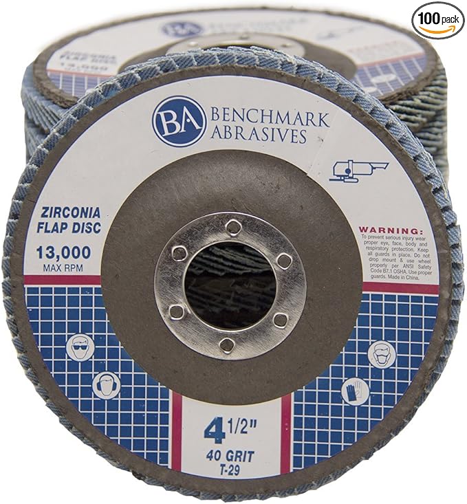Benchmark Abrasives 4.5" x 7/8" Premium Zirconia T29 Angled Flap Discs 4 1/2 for Angle Grinder, Sanding Discs, Finishing, Rust, Stock Removal- Grinding Wheels 4 1/2 Inch (100 Pack) - 40 Grit