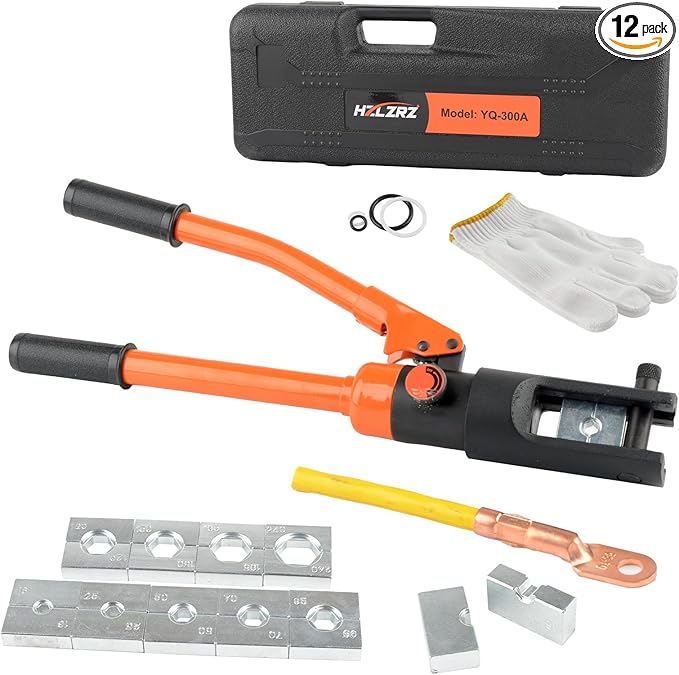 HZLZRZ Hydraulic Crimping Tool and Wire Crimping Tool, 16 Tons and Range 4AWG-600MCM, 11Pairs of Dies for Terminal Kit, Battery Terminal Crimper, Yellow Hydraulic Press (YQ/300A)
