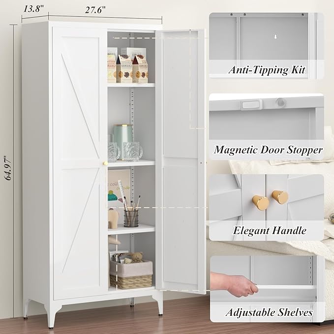 GREATMEET 65" Tall Kitchen Pantry Storage Cabinet, White Pantry Storage Cabinet, Farmhouse Metal Kitchen Cupboard with Doors for Garage, Dining Room, Living Room and Laundry