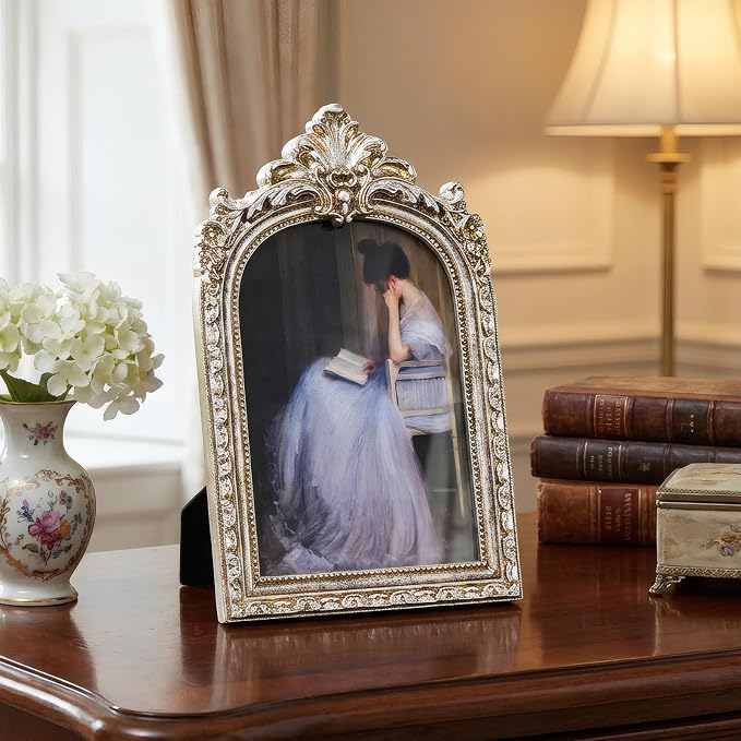 Cuspin 4x6 Vintage Silver Picture Frame, Ornate Arched Resin Photo Frame - Image 8