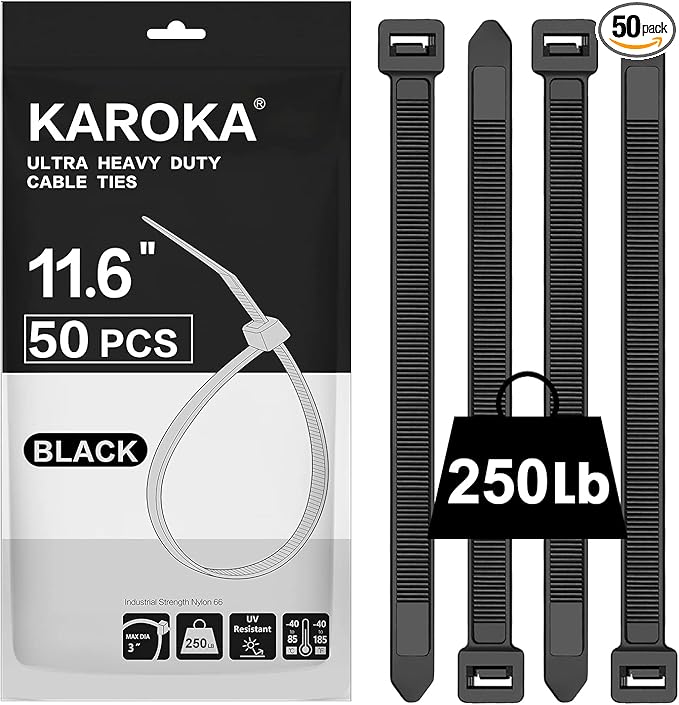 Industrial Zip Ties Heavy Duty with 250 lbs Tensile Strength, 11.6 inch, Electrical Cable Ties Heavy Duty, 50 Pieces, Wide and Thick Zip Ties, by Karoka