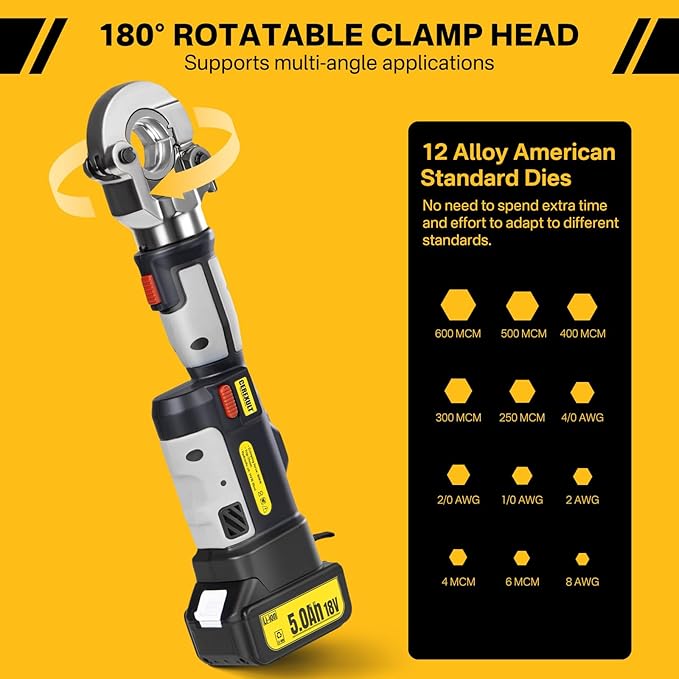 Electric Hydraulic Cable Lug Crimper Pliers, Rechargeable Crimping Tool, Straight-handled electric hydraulic pliers, Electrical Terminal Cable Wire Fiber Crimper Kit with 12 Dies, 8 AWG to 600 MCM
