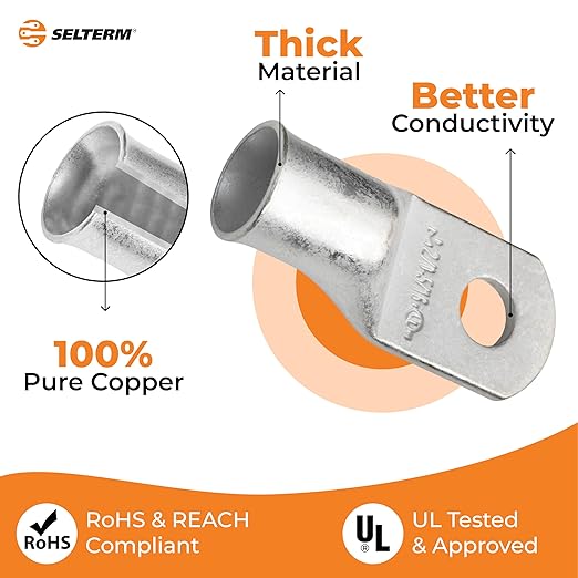 SELTERM 25pcs 2/0 AWG 5/16" Stud Marine Grade Tinned Copper Battery Cable Lugs, 00 Gauge Ring Terminals, UL Wire Lugs Electrical Battery Cable Ends, Tinned Copper Lugs Battery Terminal Connectors