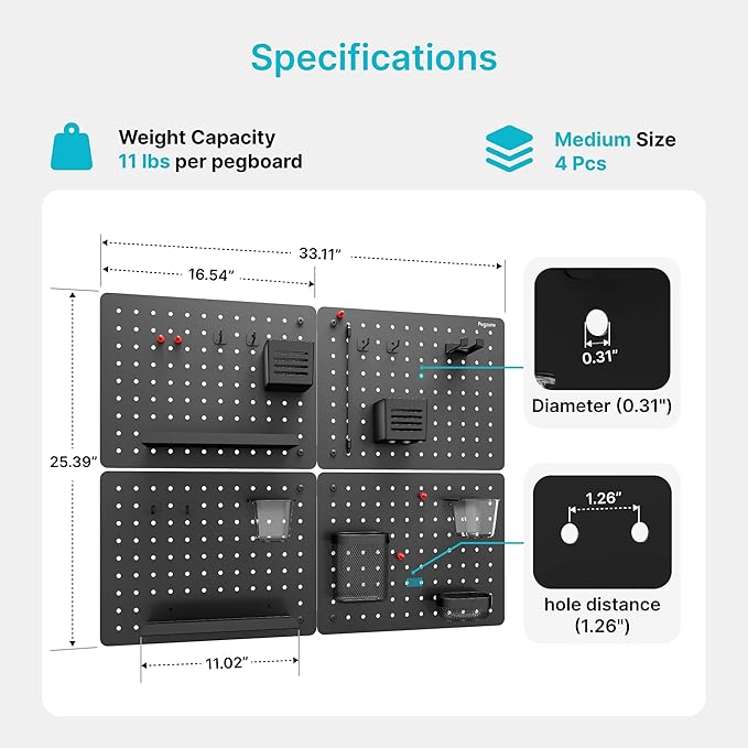 Pegboard Wall Organizer Combination Kit,Overall 33.1"x25.4" Metal Office Pegboard with 21 Accessories, Wall Mounted Peg board Display Panels for Home, Gaming Room, Garage (4Pcs,Black)