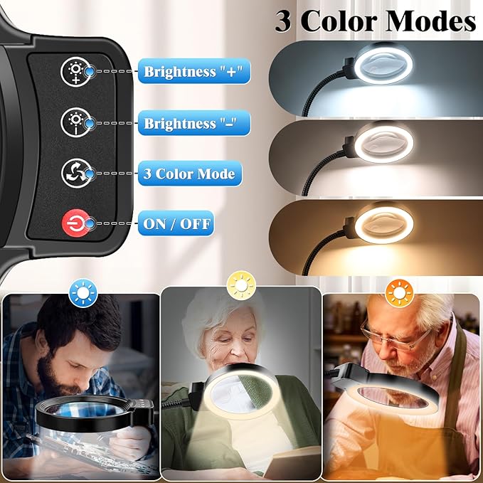 30X 10X Magnifying Glass with Light and Stand, 72 LED 3 Color Modes Stepless - Image 4