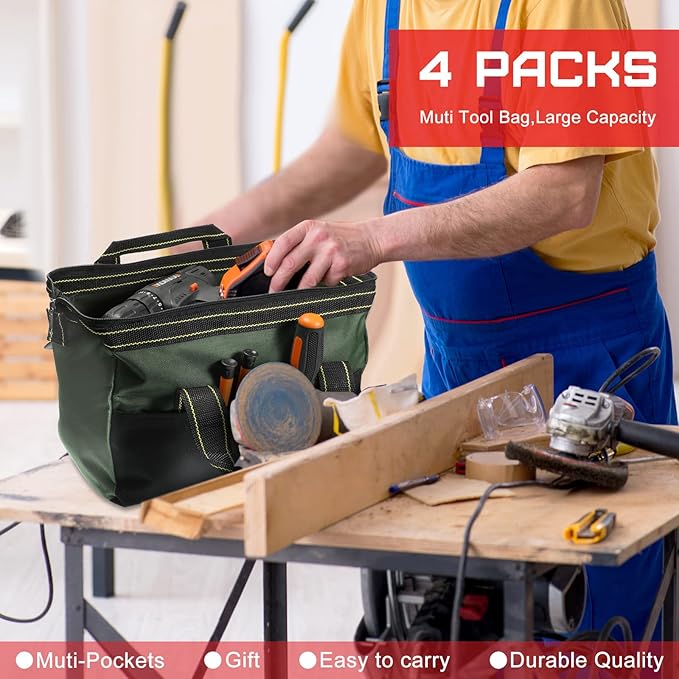 Cunno 4 Pieces Tool Bag with Waterproof Strong Molded Base Multi Pockets Wide Mouth Tool Tote Multifunctional Large Capacity Storage Organizer Heavy Duty(13 Inch,Multicolor)