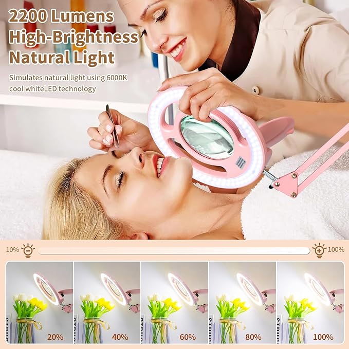 HITTI 2200 Lumens 10X Magnifying Glass with Light and Stand, 24W Super Bright Esthetician Light Magnifier, Stepless Dimmable Hands Free Magnfiying Lamp for Workbench Craft Painting Reading Hobby