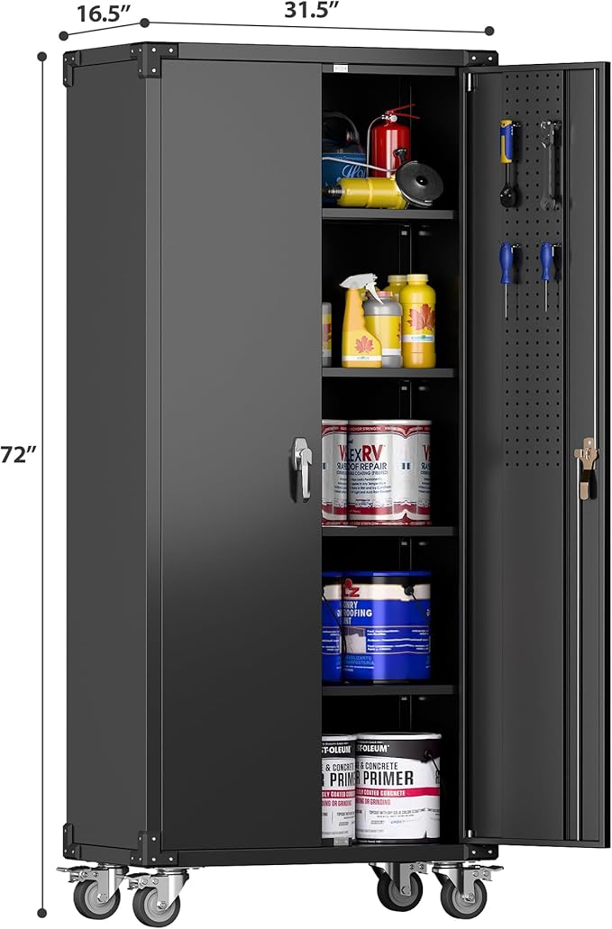 Metal Storage Cabinets with Wheels, 72" Steel Lockable Storage Cabinet with Adjustable Shelves Pegboards and Hooks for Office School Garage Warehouse Utility Room, Assembly Require, Black