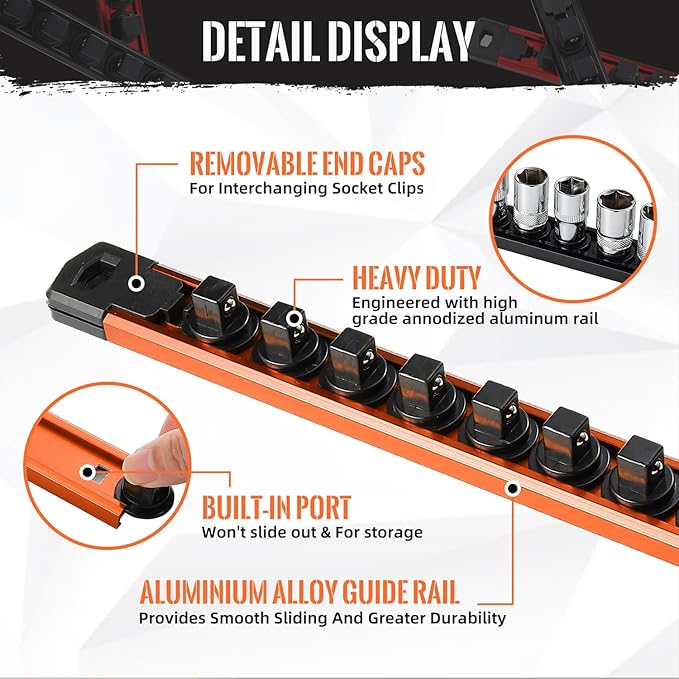 Magnetic Socket Organizer, 3-Piece Heavty Duty Aluminum Socket Holder, Socket Rail for Tool Box, Premium Quality 360° Swivel Socket Rack with 42 Clips for 1/4-Inch(Orange)