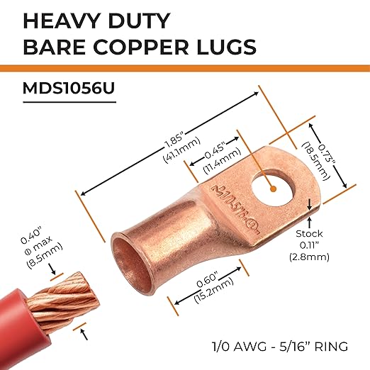 SELTERM 25pcs 1/0 AWG 5/16" Stud Battery Lugs, Ring Terminals, Heavy Duty Copper Wire Lugs, Battery Cable Ends, 0 Gauge Ring Terminal Connectors, UL Bare Copper Eyelets Electrical Battery Cable Lugs