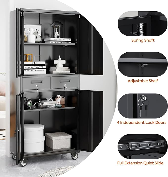 Metal Garage Storage Cabinet with Wheels,Rolling Tool Cabinet with 2 Lockable Drawers for Garage Warehouse Home,Required Assembly,Black,71" H*30" W*15" D