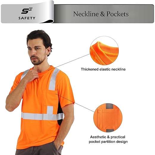 sesafety Safety Reflective Shirts, Class 2 High Visibility Shirts for Men Construction Work Mesh Short Sleeve Orange 4XL