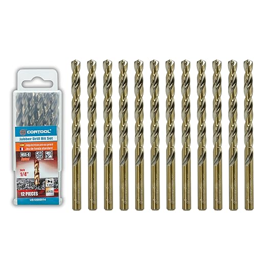 1/4 inch Cobalt Drill Bits (12Pcs), M35 HSS Metal Jobber Length Twist Drill Bit Set for Hard Metal, Stainless Steel, Iron, Copper, Aluminium, Brass, Plastic & Wood