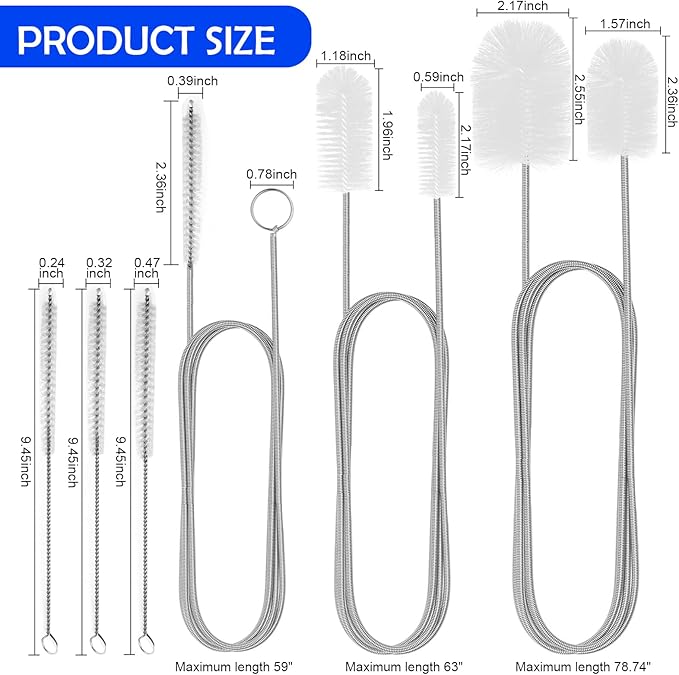 12pcs Flexible Drain Brush 78 Inch Pipe Cleaning Brush 63 Inch Drain Cleaner Brush 59 Inch Hose Brush and 3 Pcs 9 Inch Straw Cleaner Brush for Straws Kitchen Sink Plumbing Shower Drain Tube (White)