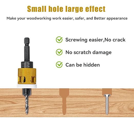 15 Pcs Countersink Drill Bit Set with Low Friction Depth Stop, HSS M2 Bits Tapered Head 1/8" 9/64" 5/32" Drill+3/8” 82° Counter-Bore,11/64" 3/16" Drill+ 1/2" 82° Counter Bore,1/4” Hex Shank(Yellow)