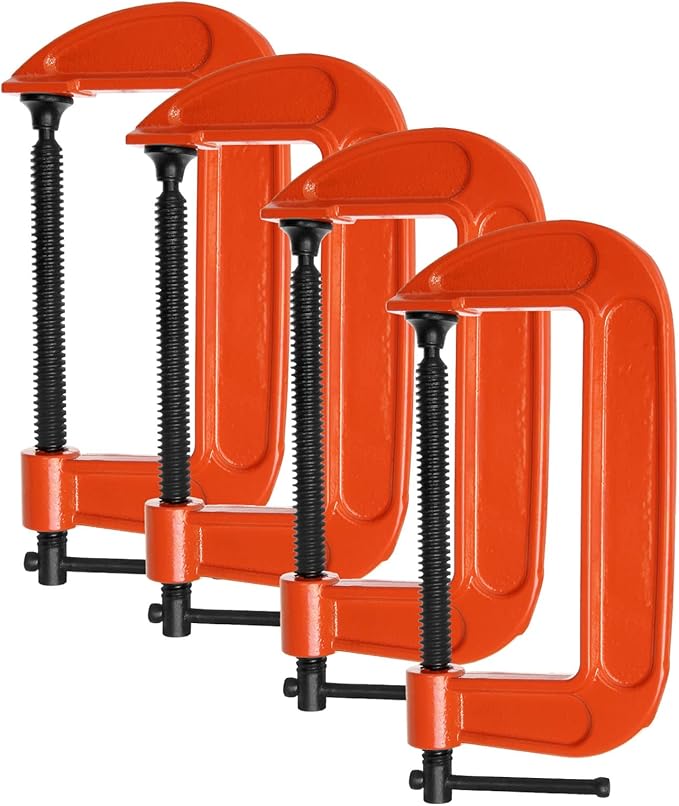 5 Inch C-Clamp Set, 4-Pack Heavy Duty Iron C Clamps, Clamps for Woodworking, Welding and Building, Orange