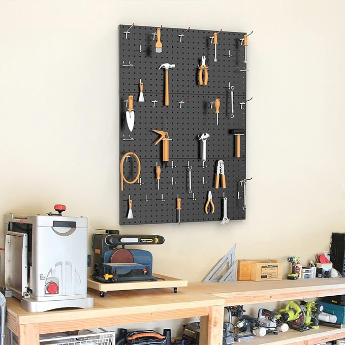 TORACK 3 pcs Metal Pegboard Panels for Wall Garage Utility Tools Storage Pegboard for Workbench, Shop, Modular Peg Board Tool Organizer Boards(Pack of 3, Black)