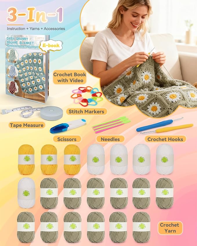 Coopay Crochet Blanket Kit for Beginners, All-in-One Granny Square Blanket Kit - Image 7