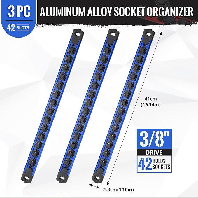 Magnetic Socket Organizer, 3-Piece Heavty Duty Aluminum Socket Holder, Socket Rail for Tool Box, Premium Quality 360° Swivel Socket Rack with 42 Clips for 3/8-Inch(Blue)