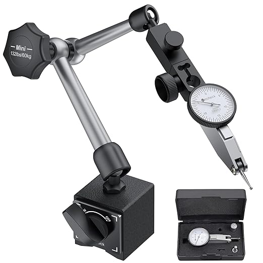 Neoteck 0-0.03"/0.0005" Dial Test Indicator with 132lbs(60kg) Max Pull Magnetic Base Stand Test Indicator Set with 3/8 inch (9.52mm) Clamping Hole for Machine Set-Up and Narrow Area Measurement-Silver