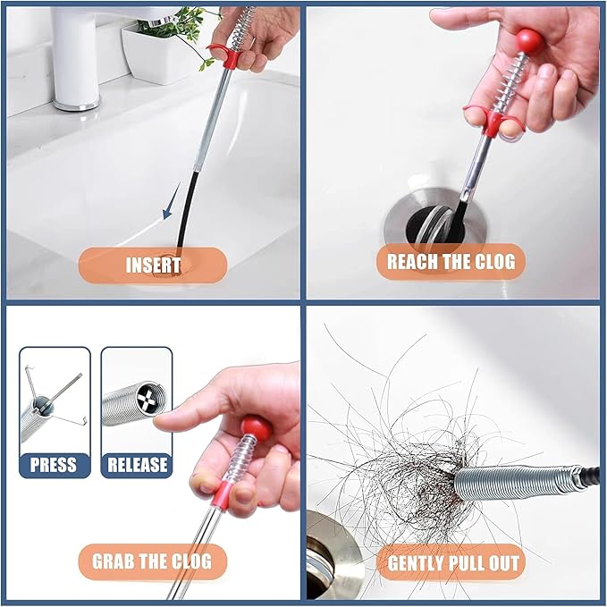 Drain Snake, 61 inch plumbing snake，Sink Snake Drain Clog Remover for Sewer Kitchen Bathroom