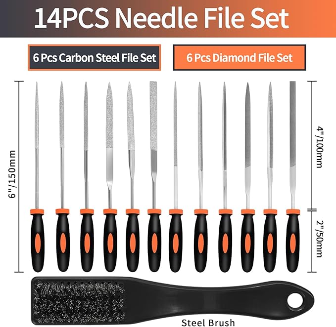 KUZURYU 14PCS Needle File Set - Small Diamond Files with 6 Jeweler's Files & 6 Steel Files （150mm）for DIY, Jewelry, Plastic, Wood & Metal Crafting – with Storage Bag & Steel Brush