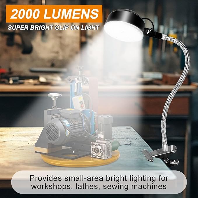 20W Clip on Light, LED Work Light with Flexible Gooseneck and Clip Base, Shop Tool Lamp for Lathe, Work Bench, Sewing Machine, Industrial Lighting, Small Areas Bright Lights, 2000 Lumens