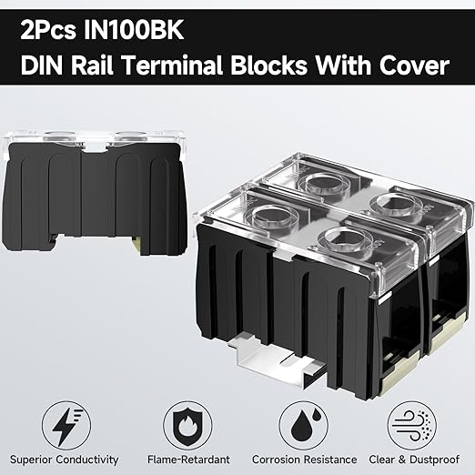 2Pcs DIN Rail Terminal Blocks with Cover, IN100BK 600V 130A 38mm² Electrical Connection Terminals, 4Pcs 12-10 AWG Insulated Fork Spade Wire Connectors & 3.15 Inch DIN Rail Included