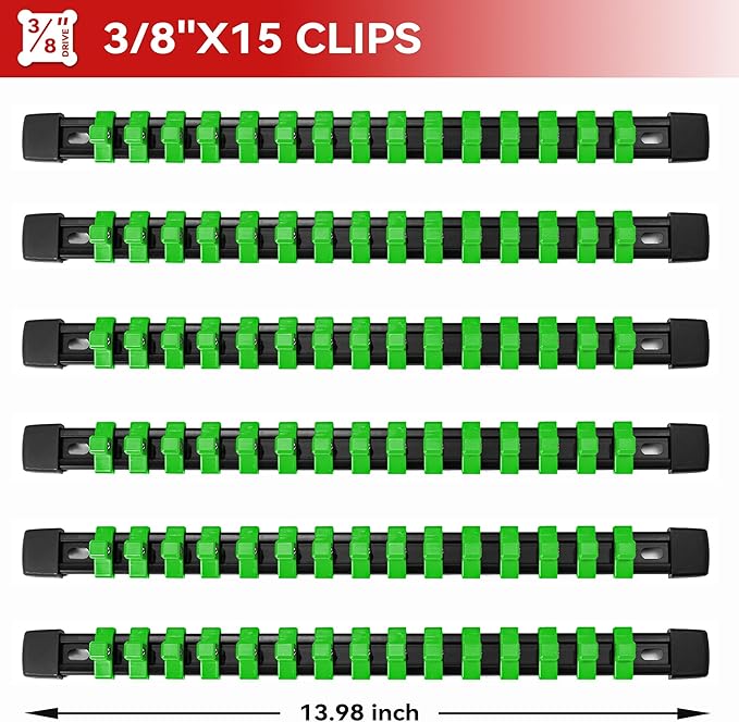 ALOANES 6PC ABS Socket Organizer, 3/8in, Heavy Duty Socket Racks, Black Rails with Green Clips