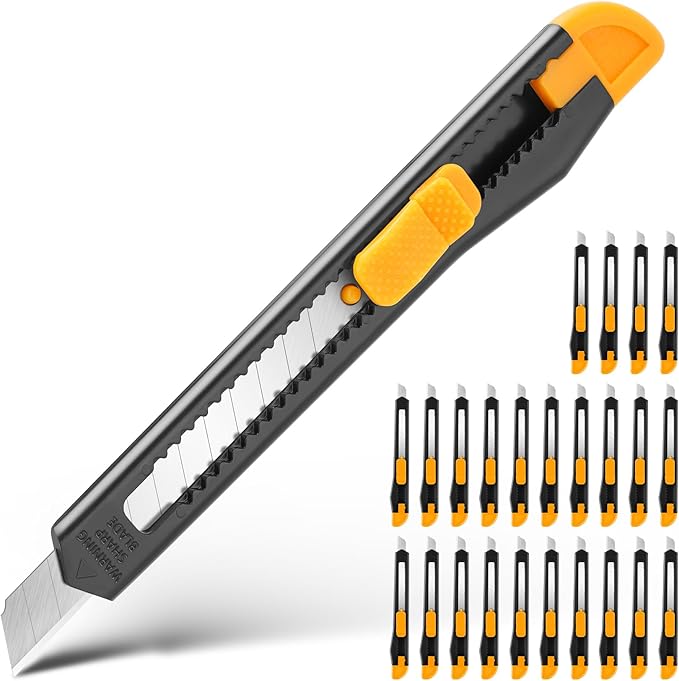 24 Pack Box Cutter Retractable, Utility Knife 9MM Wide Snap-Off Blades, Exacto Knife for Cutting Box, Wrapping, Cardboard, Extended Box Opener Perfect for Office, Home, School