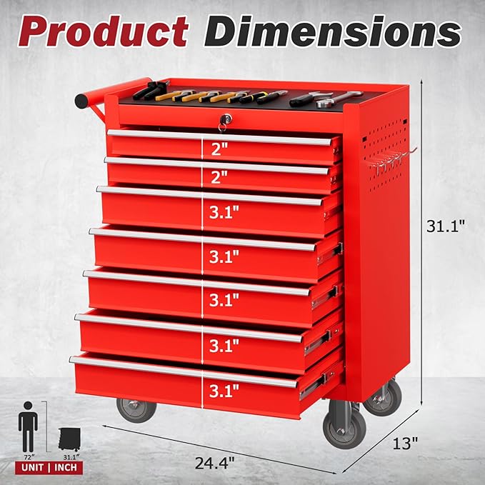 Rolling Tool Chest with Drawers, 7 Drawers Tool Chests & Cabinets, Metal Toolbox with Wheels, Lockable Storage Cabinet, Garage Tool Box with Drawers (Red, 7 Drawers)