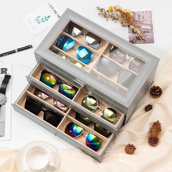 ProCase 3-layer Sunglasses Storage Organizer, 18 Slots Leather Sunglass Box - Image 3