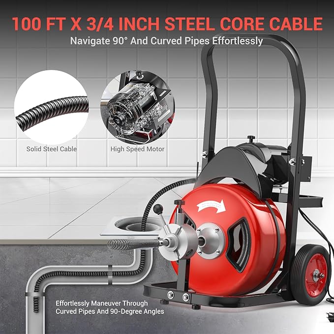 100Ft 3/4 Inch Cable Drain Cleaning Machine, 750W Auto Feed Portable Electric Sewer Snake, Electric Drain Auger with 6 Cutter Air-Activated Foot Switch for 4" to 8" Pipes