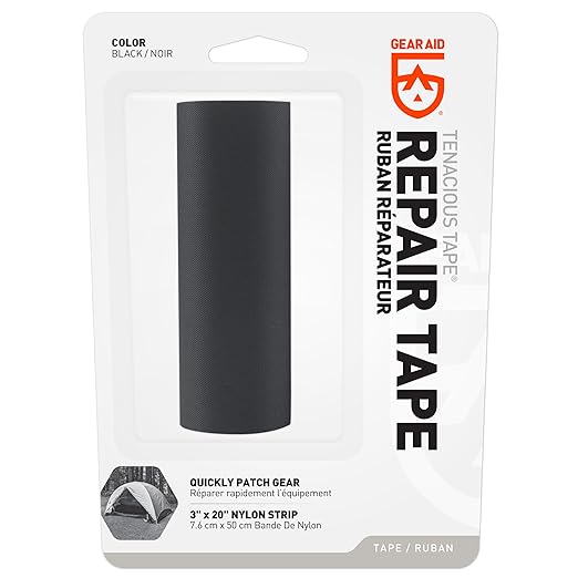 GEAR AID Tenacious Tape 3”x20” Fabric and Vinyl Gear Repair Tape, Quickly Fix Holes and Rips in Puffy Jackets, Rain and Snow Gear, Tents, Sleeping Bag and More, Black, 1 Pack