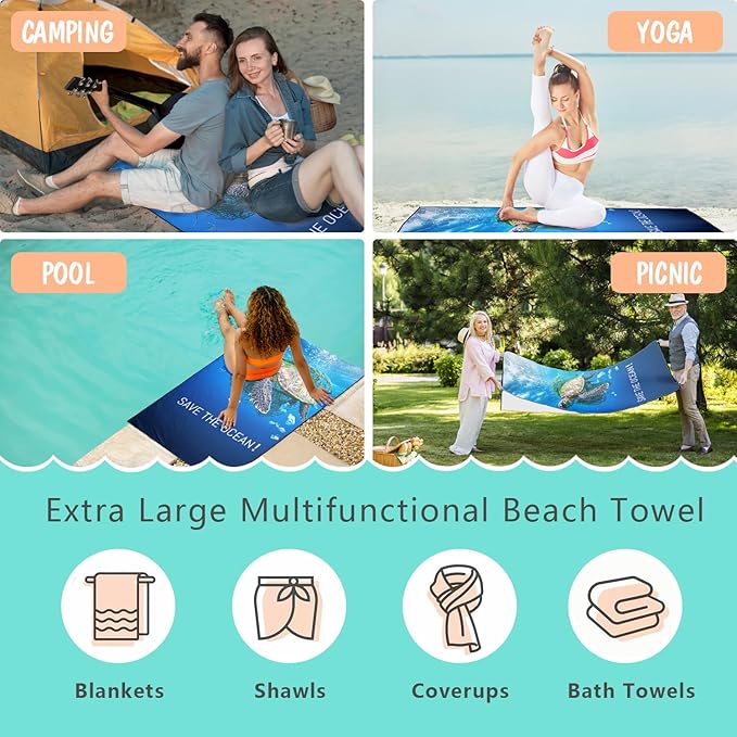 Protect Marine Life Beach Towel Oversized 36" x 72", Thin Lightweight Sand Free Quick Dry Microfiber Towel for Swimming Pool Cruise Camping Travel