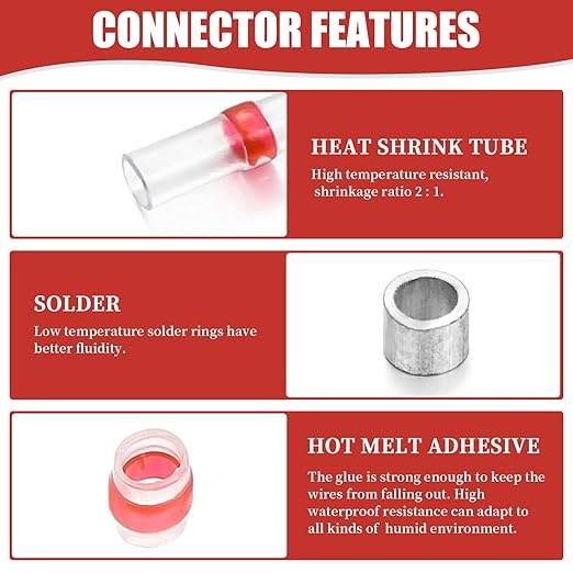 200PCS Red Solder Seal Wire Connectors 22-18 AWG, Self Soldering Heat Shrink Wire Connectors Marine Grade Waterproof Insulated Electrical Butt Splice Wire Terminals for Automotive Boat Truck