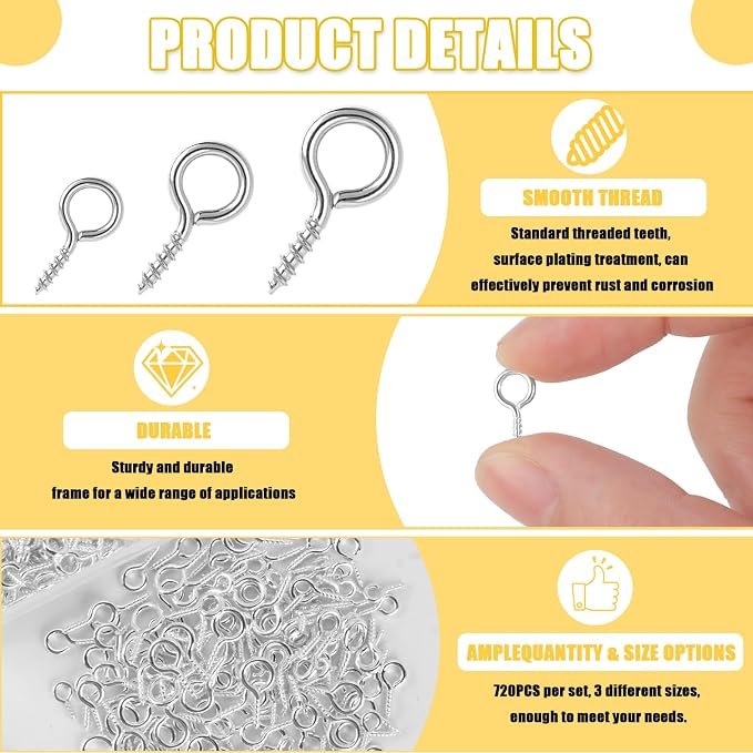 720PCS Small Screw Eye Pins, 3 Styles of Mini Eye Screws, Eyelet Pins Hooks - Image 4
