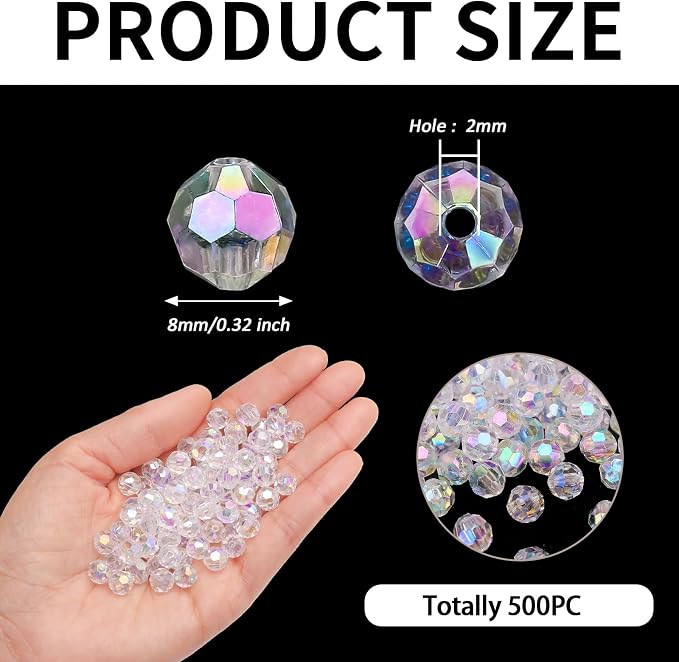 BONNY BOXX 500pcs 8mm Acrylic Faceted Round Crystal Beads Transparent AB Loose - Image 2