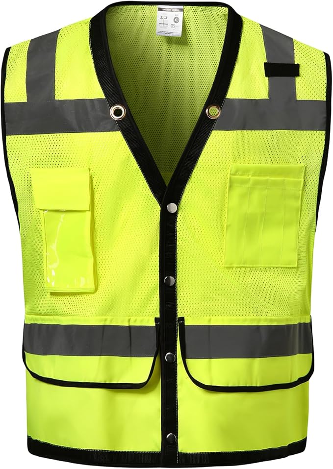 Reflective Safety Vest With Back Pocket, Hi Vis Class 2 Surveyor Vest, ANSI/ISEA Standard Construction Vest for Men & Women(Lime-Button, L)
