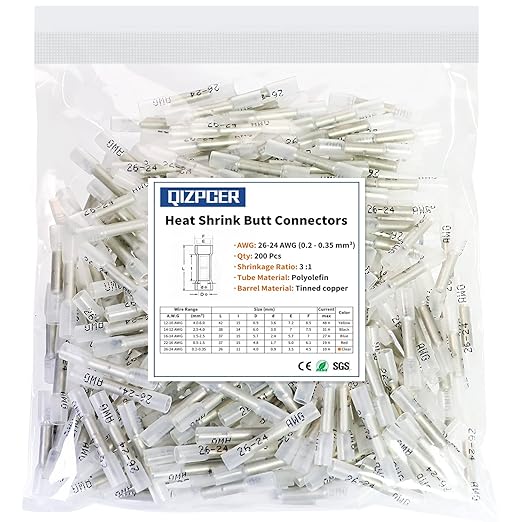 Heat Shrink Butt Connectors, 200 Pcs Clear 26-24 AWG Insulated Waterproof Electrical Heat Shrink Wire Connectors Automotive Marine Wire Crimp Terminals Butt Splices for Boat, Car
