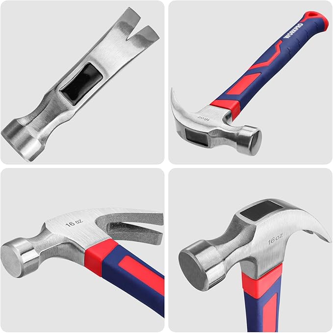 WORKPRO 2-Piece Claw Hammer Set, 8 oz Mini Stubby & 16 oz Fiberglass General Purpose, Soft Nonslip Handle & Heat Treated Head