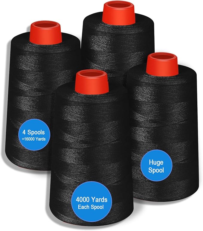 Black Sewing Thread, Serger Thread Cones 4 Pack, 40S/2-24000 Yards Black All by AOFITOA