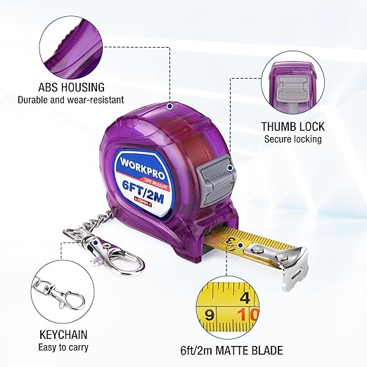 WORKPRO Keychain Tape Measure, 6FT Retractable Easy Reading Mini Tape Measurement, Inch/Metric Scale Pocket Size Small Tape Measure for Engineer, Lightweight, ABS Protective Casing, 2 Pcs, Purple