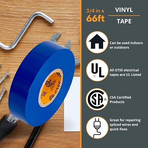 GTSE Blue Electrical Tape, 3-Pack – Waterproof, Industrial Grade Vinyl, 3/4 in x 66ft– Strong Self-Adhesive PVC Electric Tape for Wire Insulation, 7 Mil, 600V – UL/CSA Listed