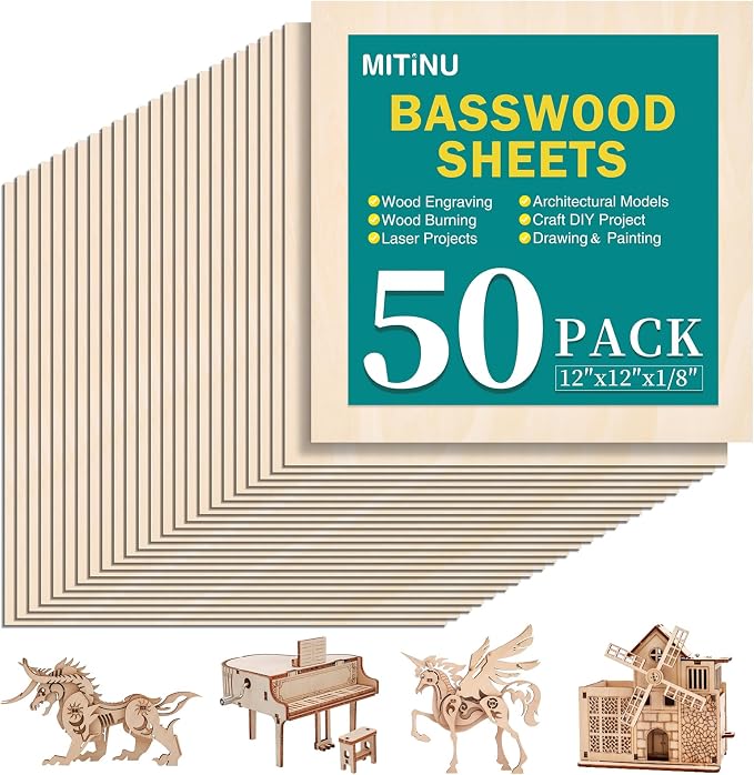 50 Pack Basswood Sheets for Crafts, Wood Burning, Architectural Models by MITINU