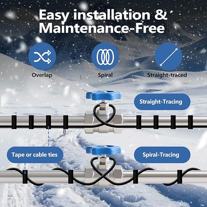 Pipe Heating Cable 24FT (3FT-200FT) for Metal & Plastic Water Pipes - Freeze Protection up to -40°F, 5W/FT 120V Heat Tape to Keep Water Flowing