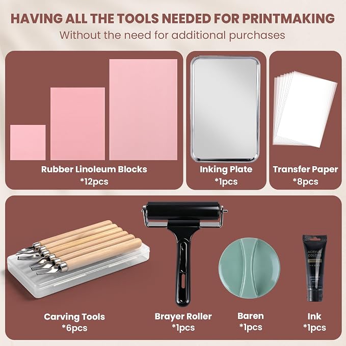 LINSIRON Linocut Kit for Printmaking, Linocut Tools Block Printing Stamp Making - Image 2